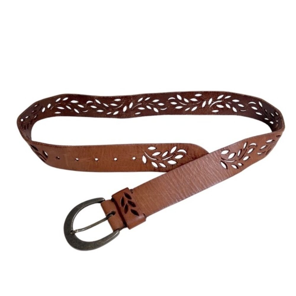 Ellington Belt Brown Genuine Leather Cutout Floral Boho cottagecore Design M